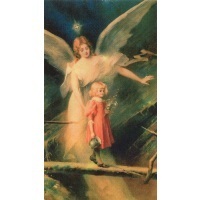 Heiligenbildchen Schutzengel mit einem Mädchen 12 x 6,7 cm