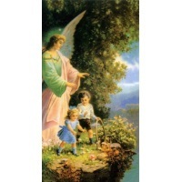 Heiligenbildchen Schutzengel mit 2 Kindern 12 x 6,7 cm