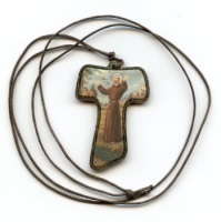 Holzkreuzchen auf Kette Heiliger Franz von Assisi Taukreuz ca. 5 cm