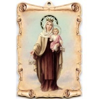 Holzbild Mutter Gottes vom Berge Karmel mit Skapulier 14 x 9 cm