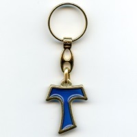 Schlüsselanhänger Tau-Kreuz Goldenfarben Blau 9 cm