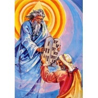 Heiligenbild Gott Vater übergibt Moses die 10 Gebote Postkartenformat