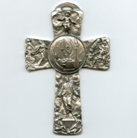 Wandkreuz IHS und christliche Motive Metall Silberfarben 13 cm B-Ware