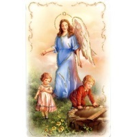 Heiligenbild mit Glitzer Heiliger Schutzengel Postkartenformat