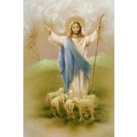 Heiligenbild Jesus der gute Hirte und die Schafe Postkartenformat