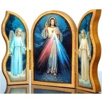 Holzbild Triptychon Barmherziger Jesus und Engel 13 x 9 cm