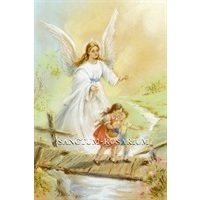 Heiligenbild Heiliger Schutzengel mit 2 Kindern auf der Brücke Postkartenformat