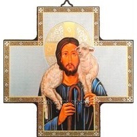 Holzkreuz mit Gold- und Silberverzierung Jesus der gute Hirte 15 x 15 cm